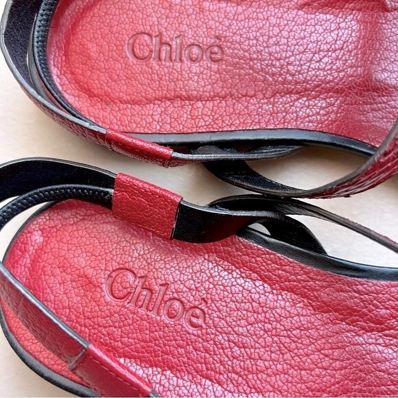 Chloe Brick Red Snakeskin Print Gold Buckle T Strap Sandals EU 37.5 US 7 - 7.5 - Picture 10 of 16